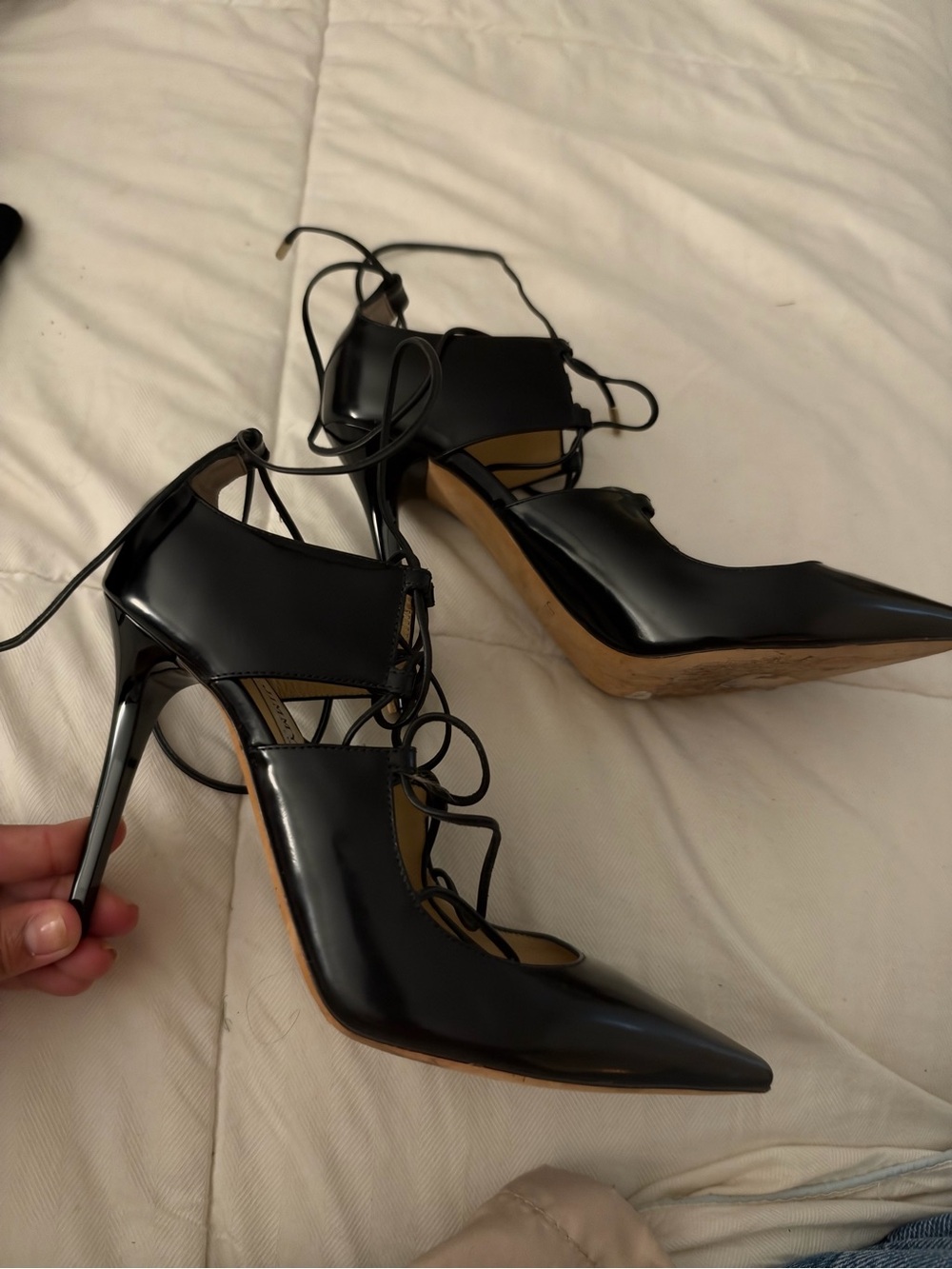 Jimmy Choo Black Patent Lace-Up Pointed Stiletto Heels